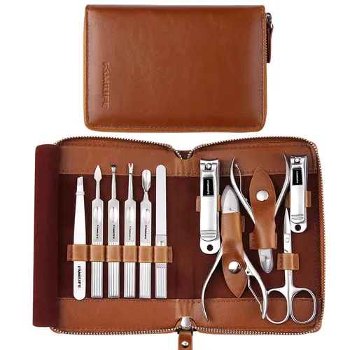 Vista 17 de FAMILIFE - Kit de manicura profesional para uñas, 11 en 1, de acero inoxidable, con estuche de viaje portátil de cuero negro, regalos de lujo para él