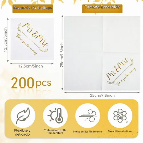 Vista 2 de Teling 200 servilletas de cóctel de boda, servilletas de papel de aluminio dorado, elegantes 3 Ply Mr and Mrs Desert Napkins, for Wedding