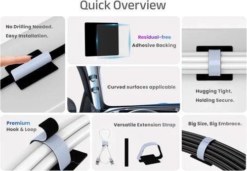 Vista 2 de Correas de gestión de cables para debajo del escritorio, correas de montaje reutilizables resistentes con respaldo adhesivo, gestión de cables