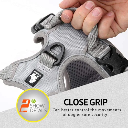 Vista 5 de JUXZH Truelove Arnés para perro sin tirones con mango de fácil control y 2 accesorios para correa, chaleco reflectante ajustable para mascotas Gris