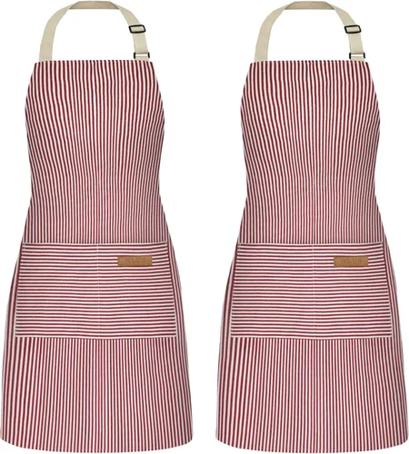 Vista 9 de NLUS Paquete de 2 delantales de cocina ajustables con babero, delantal de chef suave con 2 bolsillos para hombres y mujeres (rayas negras)