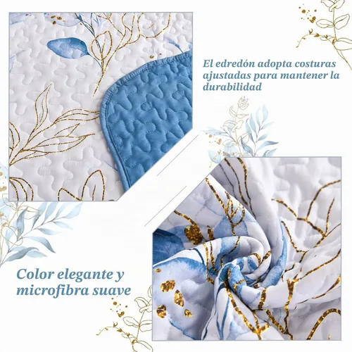 Vista 5 de Anibedding Juego de edredón botánico tamaño Full, 3 piezas reversible, elegante patrón de hojas azules, cubrecama colcha de microfibra suave