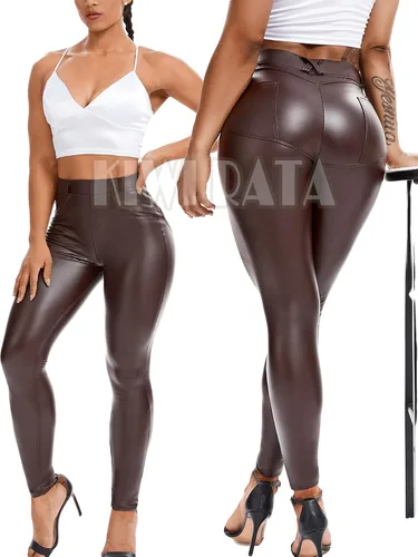 Vista 4 de KIWI RATA - Leggings de piel sintética de poliuretano, cintura alta, para mujer, con levantamiento de glúteos, color negro, sexy, para deportes