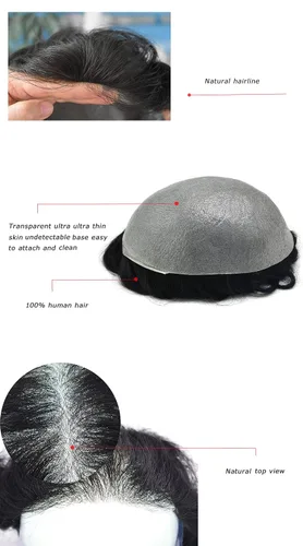 Vista 6 de Toupee para hombres Unidad de cabello para hombre, piezas de cabello humano europeo, 0.002 in, piel ultra fina, sistemas de reemplazo de cabello