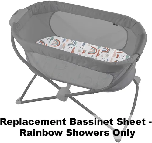 Vista 4 de F-Price - Hoja de repuesto para moisés Fisher-Price Soothing View - GPN07 ~ Sábana de repuesto para moisés ~ Rainbow Showers, melocotón, blanco. Azul