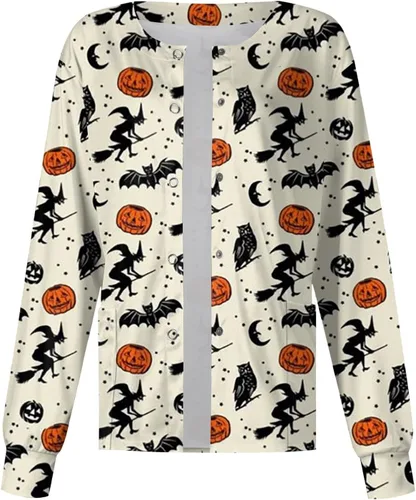Vista 3 de Chaqueta médica estampada de Halloween para mujer, manga larga, cuello alto, overol protector de un solo pecho