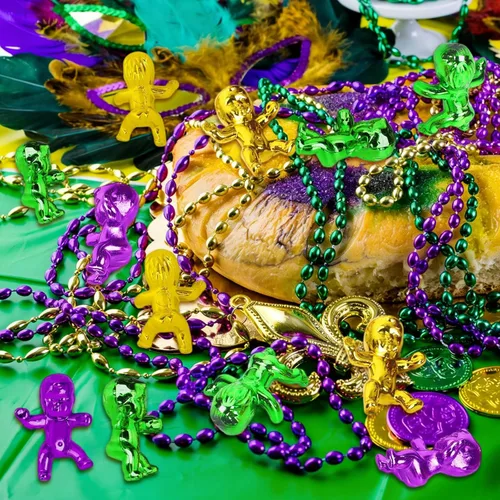Vista 4 de King Cake Babies, 30 piezas de 1.2 pulgadas Mardi Gras mini bebés de plástico metálico dorado morado verde bebé para decoración de pasteles rey