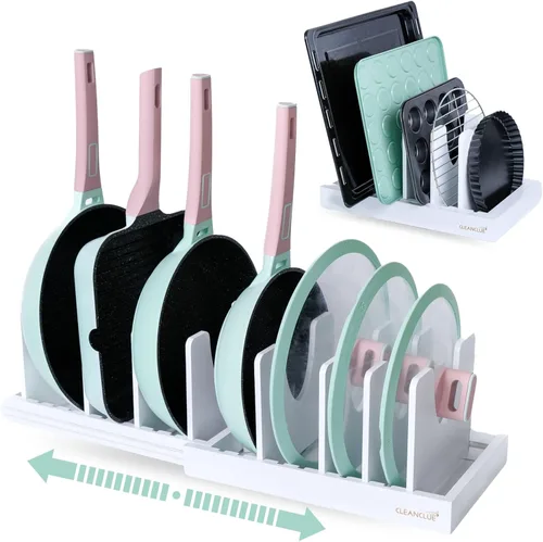 Vista 10 de Organizador de bambú expandible para utensilios de hornear y tabla de cortar, estante ajustable para tapas de ollas, bandeja para galletas y bandeja