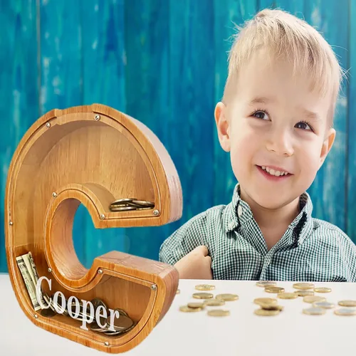 Vista 3 de Alcancía de madera grande personalizada, banco de monedas, alcancía personalizada con nombre personalizado, se puede utilizar como regalo
