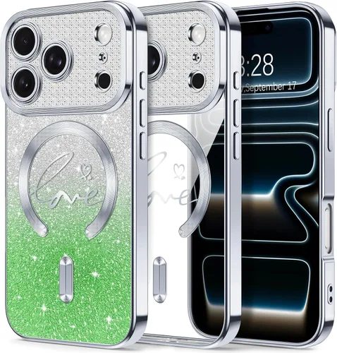 Vista 70 de Hython Funda para iPhone Air con purpurina, compatible con MagSafe Love Heart fundas magnéticas transparentes para teléfono para mujeres y niñas