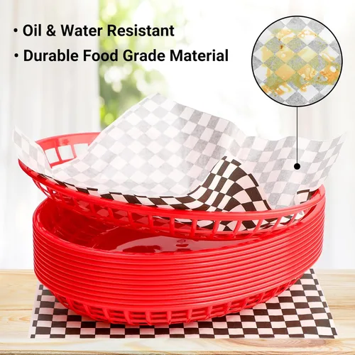 Vista 5 de EUSOAR Cestas de plástico para alimentos con forros de papel, 12 cestas rojas extragrandes de 11.8 x 8.9 pulgadas para servir alimentos y 10 x 11