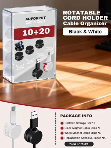Vista 4 de Paquete de 10 soportes magnéticos giratorios con caja, clips giratorios de 360° para mesita de noche, con adhesivo fuerte sin residuos