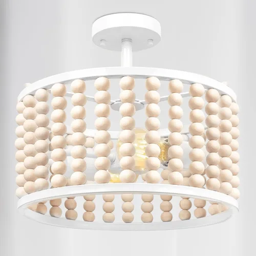 Vista 10 de Lámpara bohemia de granja - Lámpara de techo con cuentas de madera, lámpara de techo rústica semiempotrada, lámpara negra de 2 luces para cuarto
