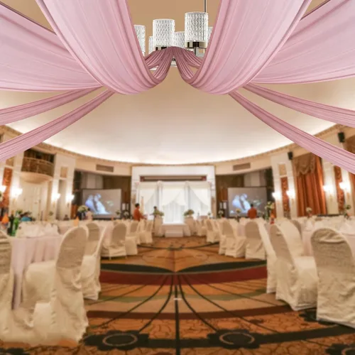 Vista 12 de DYRABREST Cortinas de techo de gasa para bodas, 6 paneles de 5 x 20 pies de largo, tela traslúcida de gasa beige para salas de recepción