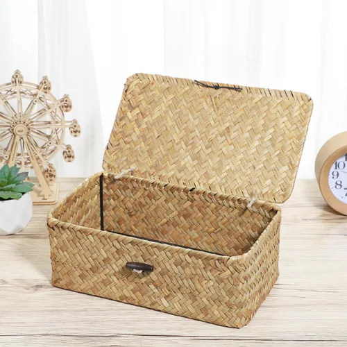 Vista 4 de IMIKEYA Caja de almacenamiento tejida de mimbre con tapa, cesta de pastos marinos, caja tejida a mano para el hogar, oficina, organizador de estantes