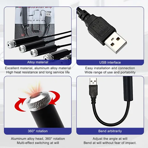 Vista 4 de jeseny Pack-1 USB Proyector de Luz Nocturna de Estrellas, Luces de Techo Interior para Coche, Luces Decorativas Ajustables y Románticas Portátiles