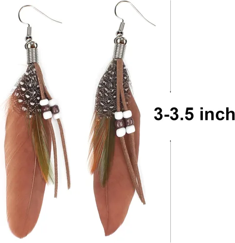 Vista 5 de Aretes colgantes de plumas nativas para mujer, aretes largos de pavo real bohemio con gancho, Pluma