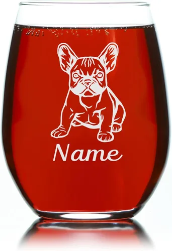 Vista 4 de C M Vaso de vino sin tallo personalizado para perro Bulldog francés con nombre, 17 onzas, regalo personalizado para perros para mujeres y hombres