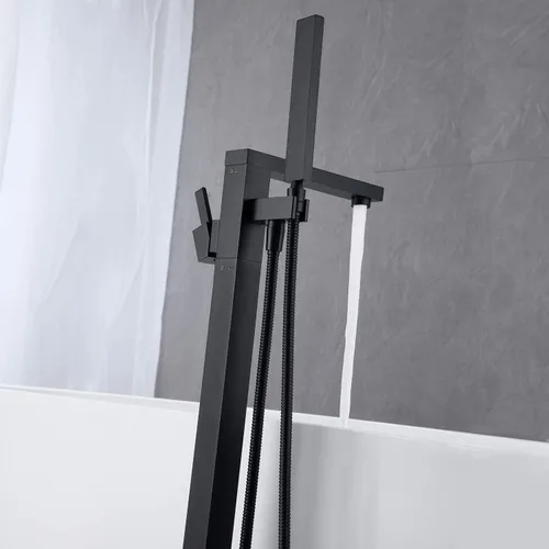 Vista 5 de Wowkk Grifo de bañera independiente Llenador de bañera Negro Montaje en el piso Grifos de baño Latón Manija única con ducha de mano