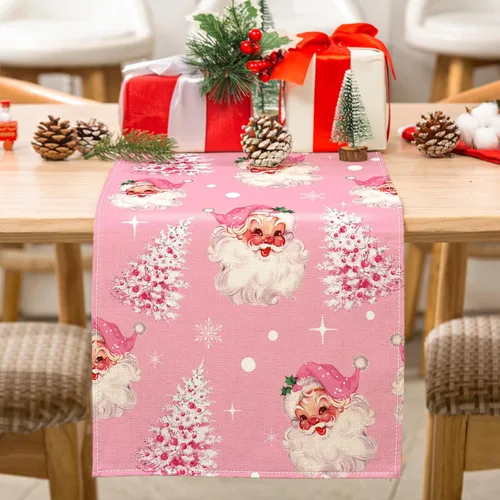 Vista 2 de AnyDesign - Camino de mesa de Navidad rosa para árbol de Navidad, Papá Noel, rectangular, decorativo, camino de mesa para decoración