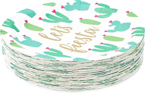 Vista 7 de Sparkle and Bash Fiesta - Platos de postre – Paquete de 48 unidades, 9 pulgadas, patrón de cactus multicolor – Platos de cactus de papel desechables