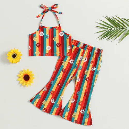 Vista 7 de TheFound Traje de verano para bebé niña pequeña, parte superior con cuello halter, pantalones acampanados, 2 piezas, ropa para recién nacidos