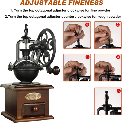 Vista 4 de Molinillo de café de fresas, Molinillo manual de madera de estilo vintage, Molino de café clásico de prensa francesa con cepillo Manivela