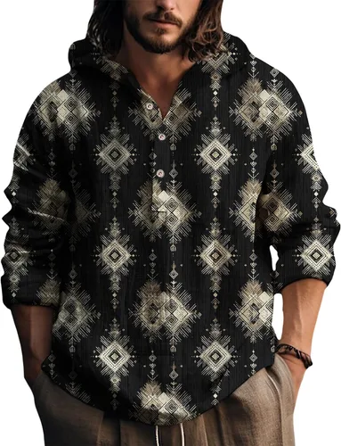 Vista 5 de Sudadera con capucha para hombre, con estampado azteca de otoño, de gran tamaño, manga larga, casual, con capucha