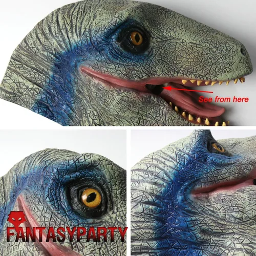 Vista 6 de Máscara de animales de Halloween, disfraz de fiesta de látex, máscara de cabeza de dinosaurio, velociraptor