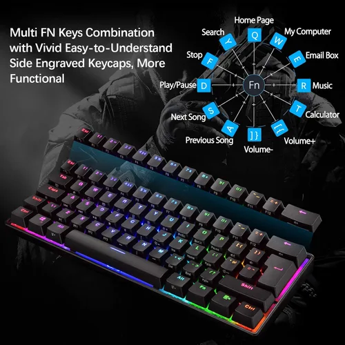 Vista 5 de Teclado mecánico para juegos y mouse ligero de panal con retroiluminación RGB arco iris, 61 teclas, ergonómico, programable, con cable, USB
