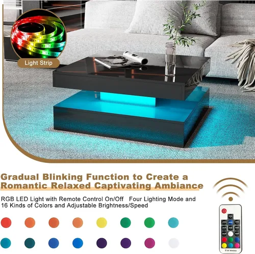 Vista 3 de HedoAjim Mesa de centro LED negra para sala de estar, mesa de sala de estar, mesas centrales cuadradas de 2 niveles, mesas de centro de madera