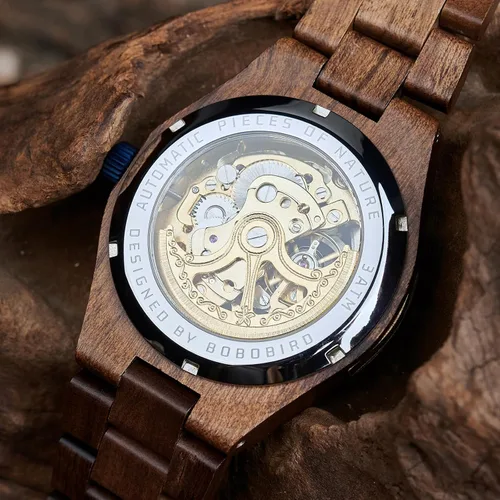 Vista 6 de BOBO BIRD Relojes de madera para hombre, reloj mecánico de esqueleto, relojes de pulsera ligeros de lujo con correa de madera natural de colección