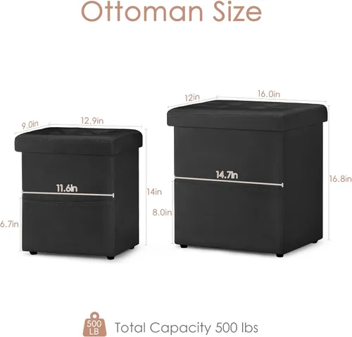 Vista 2 de OGEMXU Otomana con almacenamiento, juego de 2 reposapiés con bolsillo lateral, reposapiés otomano tapizado pequeño de 16.8 pulgadas, otomanas