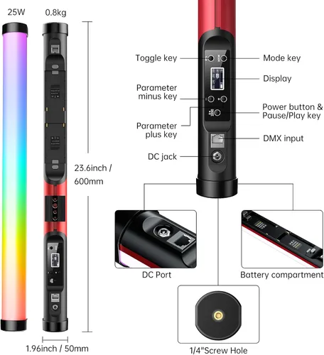 Vista 7 de GVM Great Video Maker Tubo de luz RGB, varita BD25R de 25 W con 300 cuentas de lámpara, iluminación de fotografía de 24 pulgadas, red de malla
