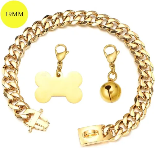 Vista 2 de Collar de oro para perro de 18 quilates, cadena de eslabones cubanos de 0.591 in/0.748 in de ancho, a prueba de mordidas, fuerte entrenamiento
