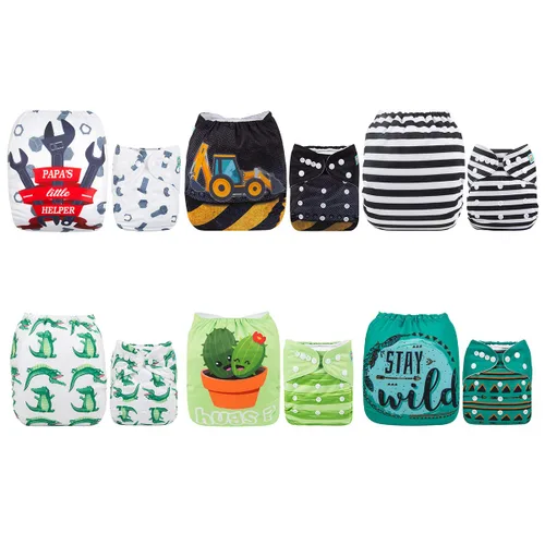 Vista 21 de ALVABABY Pañales de tela para bebé, talla única, ajustable, lavable, reutilizable para bebés y niños, paquete de 6 con 12 inserciones 6BM101