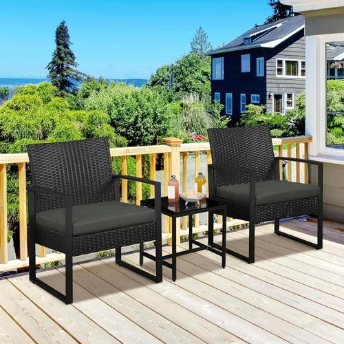 Vista 2 de YAHEETECH - muebles de patio conjuntos para interior o al aire libre. de mimbre moderno, juego de mesa auxiliar bistró, 3 piezas Negro /Gris