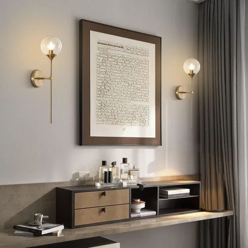 Vista 7 de KCO Mid-Century - Juego de 2 apliques de pared modernos con globo de vidrio ámbar con brazo largo, lámparas de pared industriales doradas