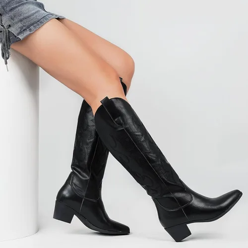 Vista 2 de Botas vaqueras bordadas para mujer, botas vaqueras de moda con punta occidental de tacón grueso, botas vaqueras altas hasta la rodilla