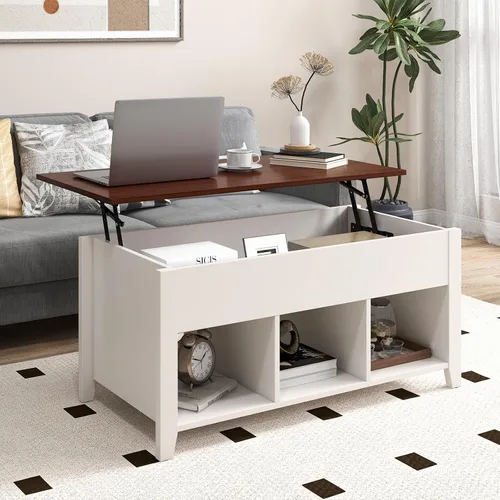 Vista 2 de Tangkula Mesa de centro de madera con tapa elevable, almacenamiento de té moderno con compartimento oculto y estante de almacenamiento abierto