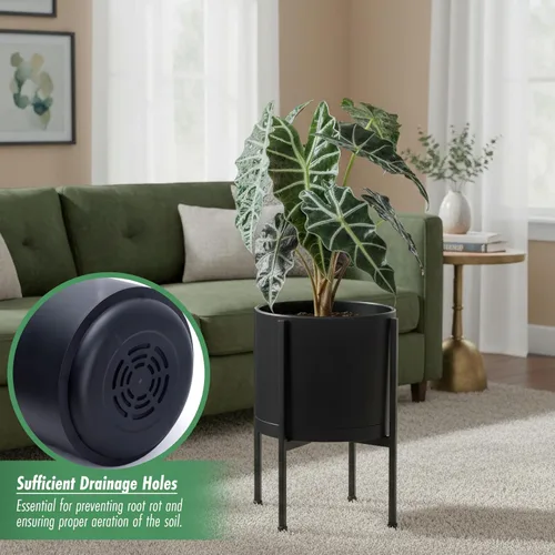 Vista 5 de D'vine Dev Maceta negra de 8 pulgadas con soporte, moderna maceta cilíndrica de plástico con soporte de metal resistente para plantas