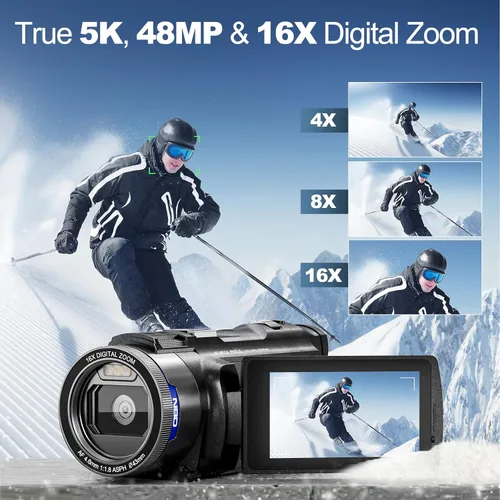 Vista 2 de Cámara de video de videocámara 5K 48MP - WiFi, enfoque automático de zoom 16X, pantalla IPS de 3" 270°, grabadora de cámara de vlogging