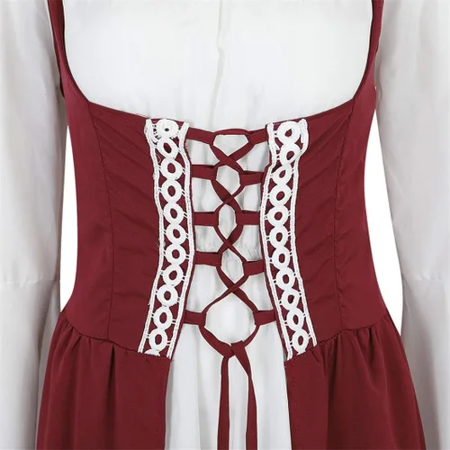 Vista 4 de Disfraz renacentista para mujer, conjunto de vestido irlandés medieval de talle alto y blusa bohemia gótica.