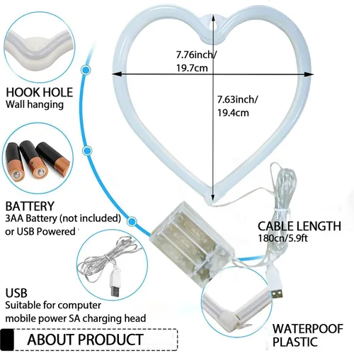 Vista 3 de YouOKLight Letrero de neón de corazón, luces de neón para decoración de pared de dormitorio, letrero de neón rosa, luz LED de corazón con USB