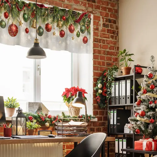 Vista 4 de Christmas Valances for Windows Kitchen Curtains Christmas Balls Bell Window Valance, Gold Star Snowflake Pine Needle Short Topper Window Curtain