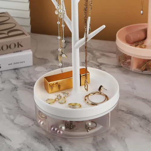 Vista 3 de Estante de joyería de rama con base giratoria y caja de almacenamiento, organizador colgante de torre de árbol para anillos, aretes, collar