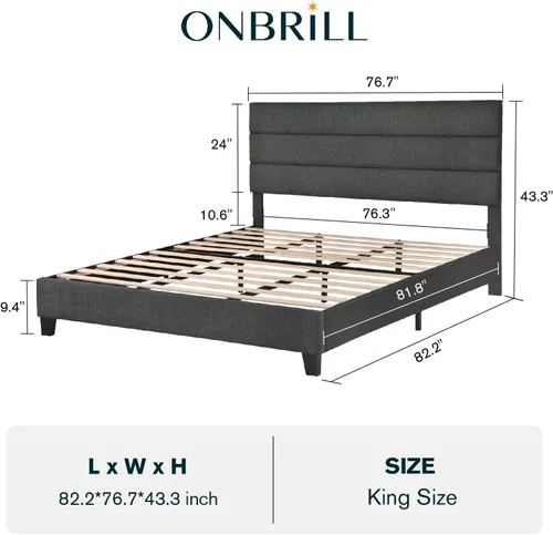 Vista 2 de ONBRILL Base de cama tamaño King con cabecera tapizada de tela, soporte de listones de madera resistente, base de colchón tapizada, no necesita