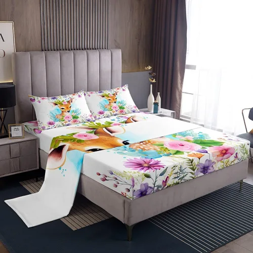 Vista 17 de Erosebridal Juego de sábanas de tamaño individual con diseño de gatos y gatos, con temática de animales, con flores coloridas, juego de sábanas