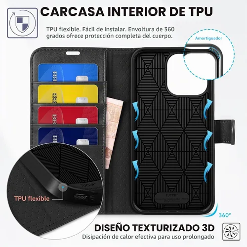 Vista 5 de TUCCH Funda tipo cartera para iPhone 15 Pro Max (6.7") 2023, 4 tarjeteros Negro