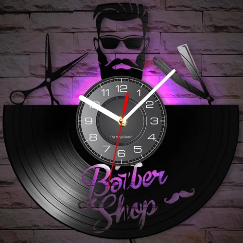 Vista 3 de Reloj de pared decorativo de 12 pulgadas con 7 modos luminosos, reloj de pared decorativo vintage para peluquería, disco de vinilo, reloj de pared